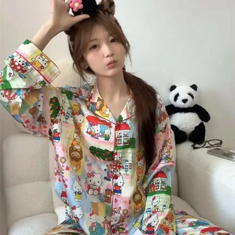

Hello Kitty Women's Sleeping Pajamas Sets Kawaii Cartoon Spring and Autumn Long Sleeve Pants Student Sleepwear Home Clothes New