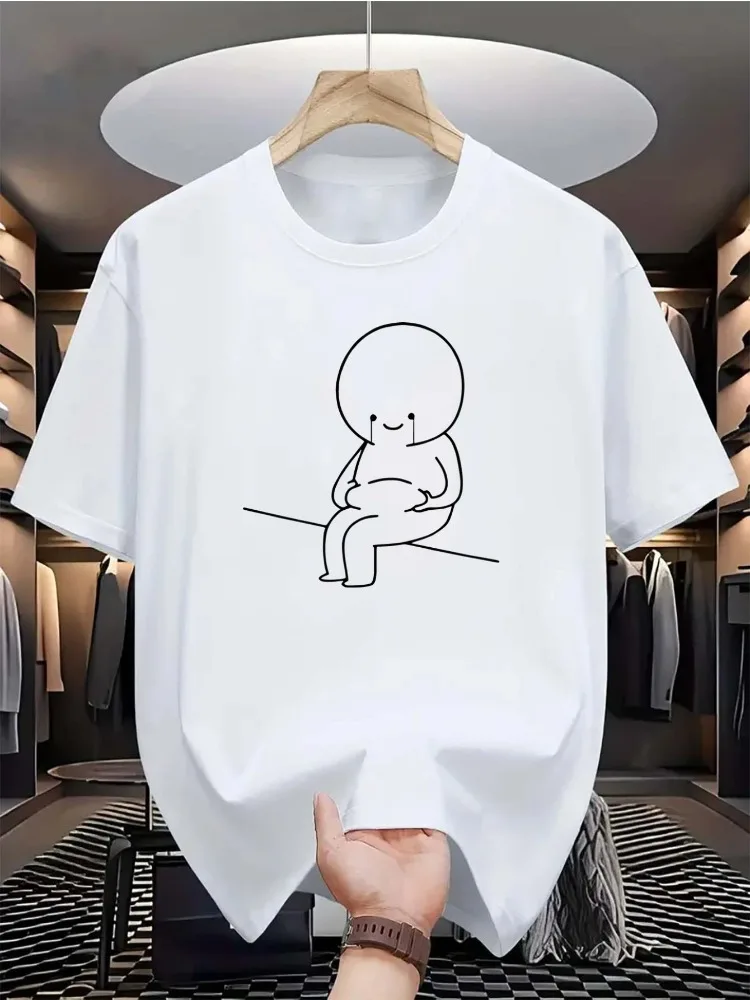 Minimal Abstract Mens Loose Black Tee Simple White Outline Sad Happy Stickman Character Graphic Soft Cotton Urban Casual Shirts