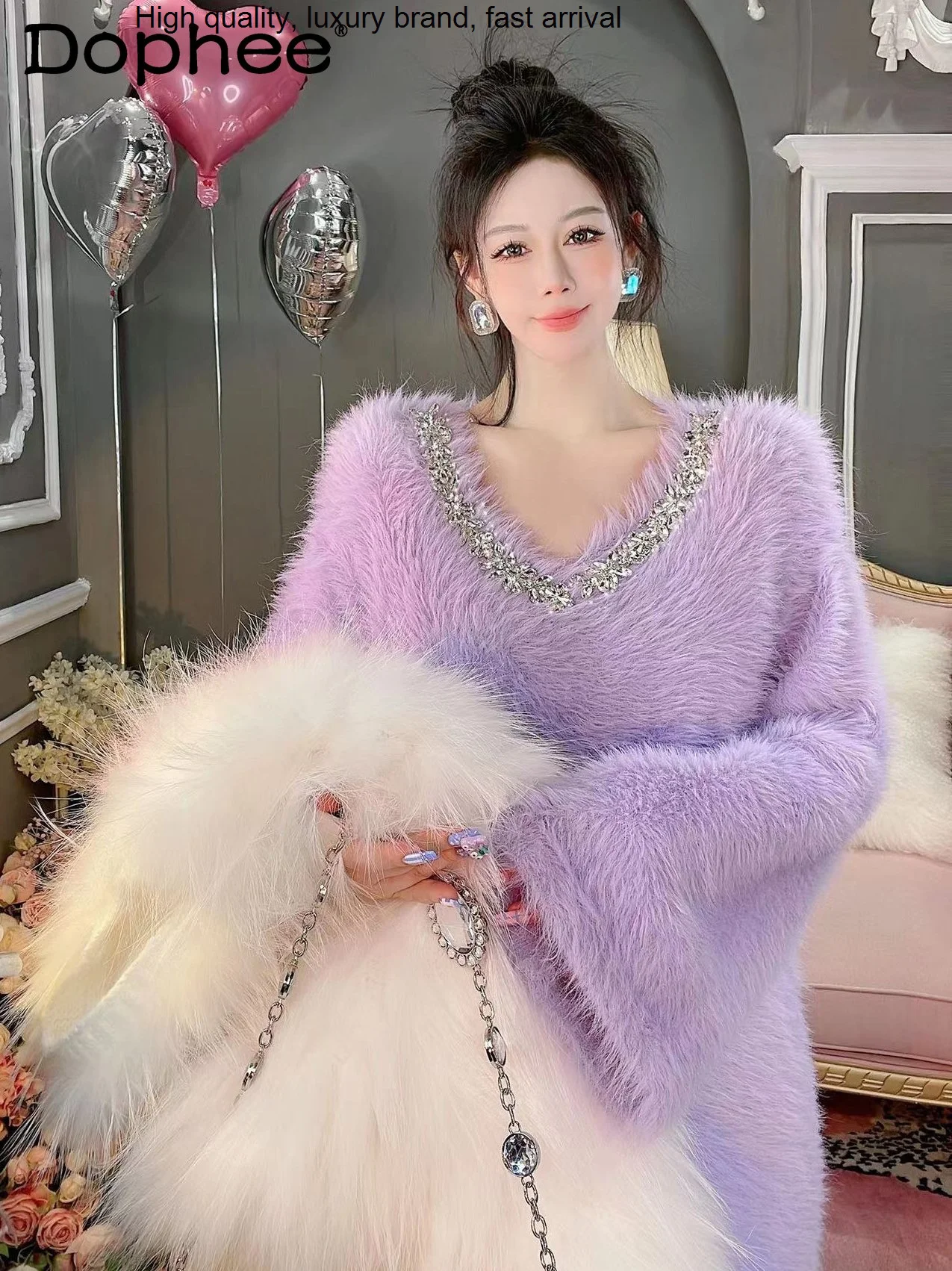 

Winter 2023 Autumn Loose Heavy Industry V-neck Bead Purple Mink Fur Knitted Women Thick Warm Overknee Long Dress Sweater