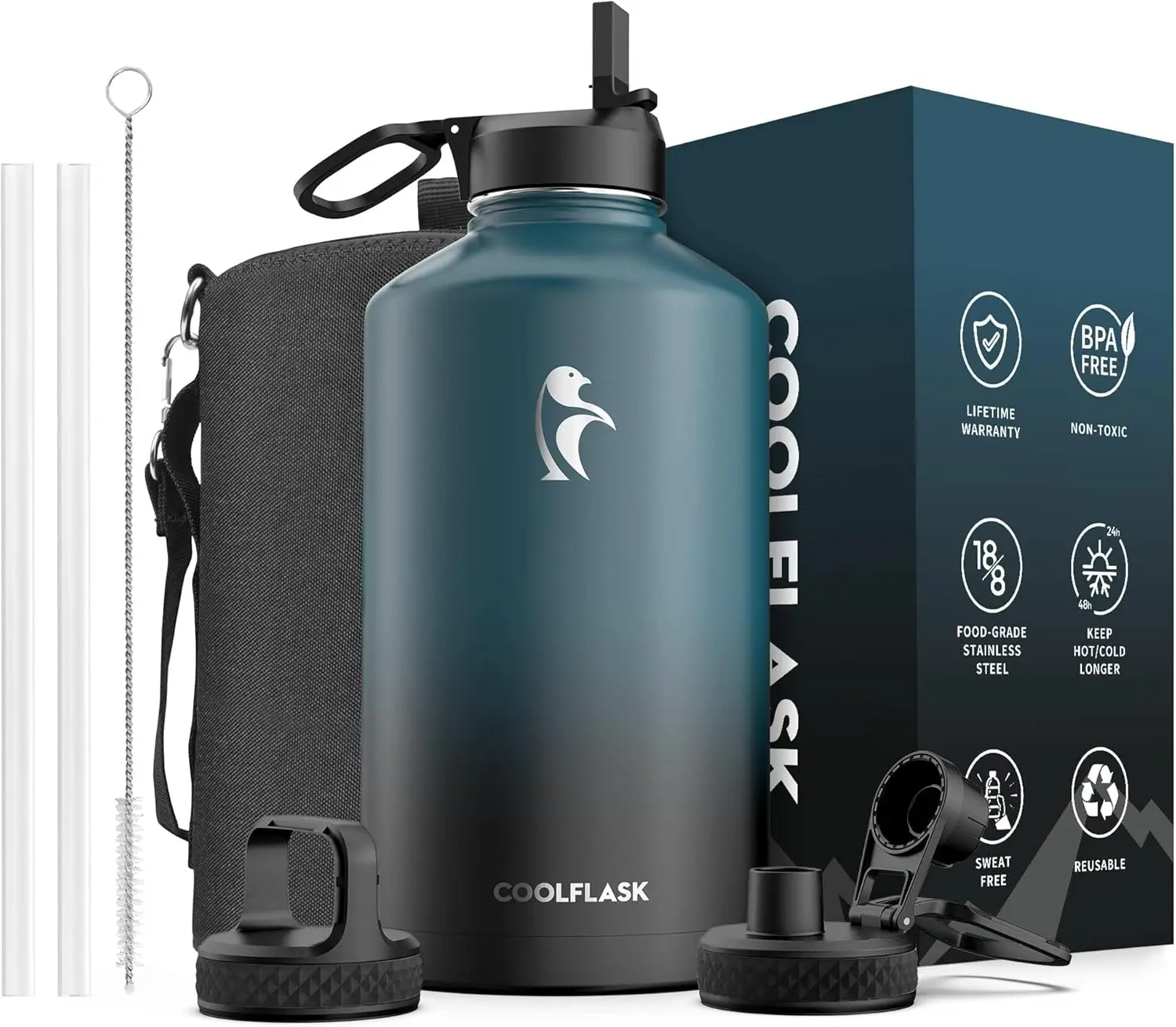 

Термос из нержавеющей стали, 128 унций (3,8 л) с трубочкой и крышкой, сохраняет холод до 48 часов и тепло до 24 часов, для спорта, тренажерного зала, офиса