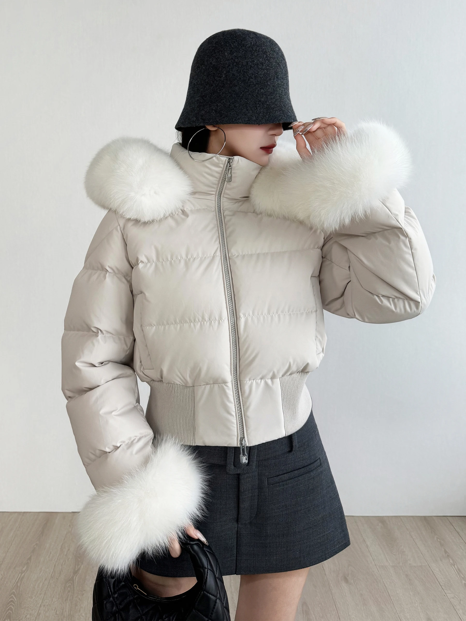 

NancyCavally Luxury Soft 95 White Goose down ort Puffer Jaet Fur Collar Street Sle Women's Coat Warm Buxom Zipper Closure