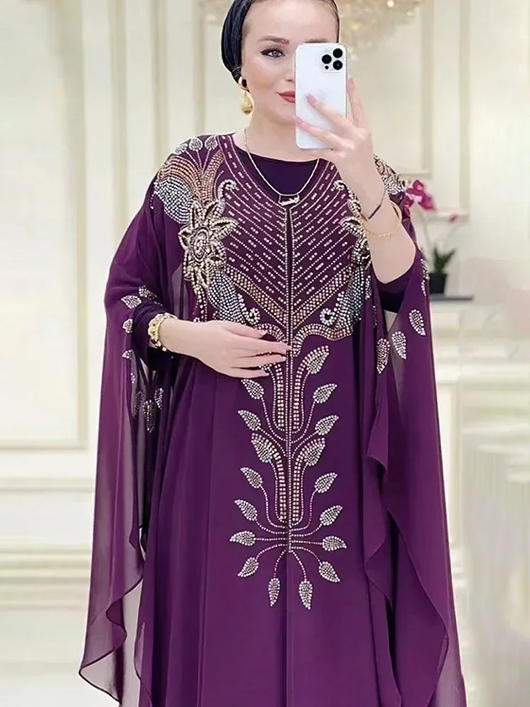 시폰 Boubou 이슬람 패션 Abaya 2 PCS 세트 두바이 터키 맥시 드레스 Musulman Ensembles Caftan Marocain 이슬람 의류