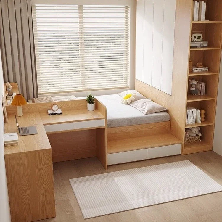 Solid wood tatami wardrobe integrated with desk bed Small apartment household floor bed Multifunctional storage bed Children's