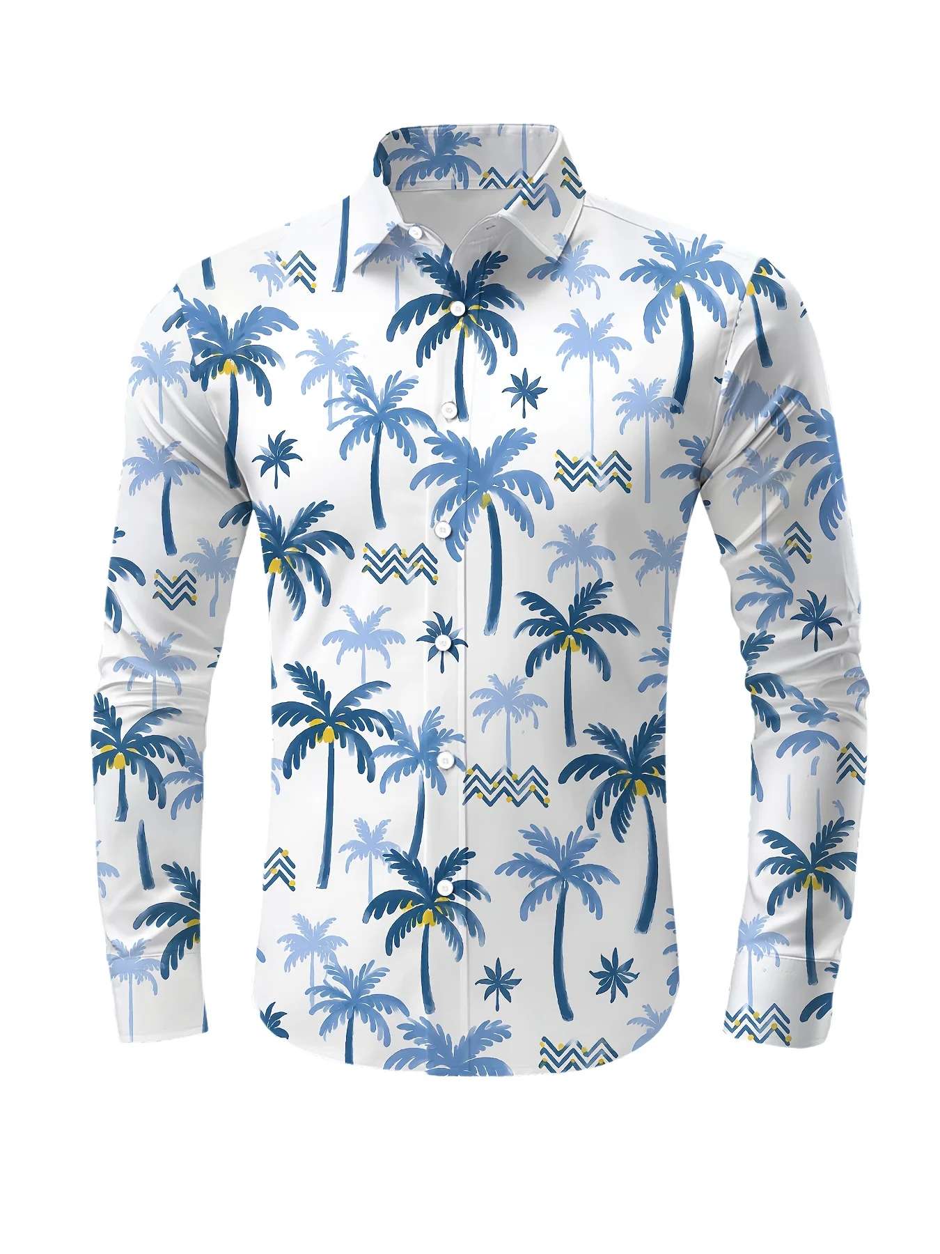 Trendy Men Button‑Up Shirt Simple Hawaiian Coconut Palm Ocean Wave Art Print Polyester Holiday Party