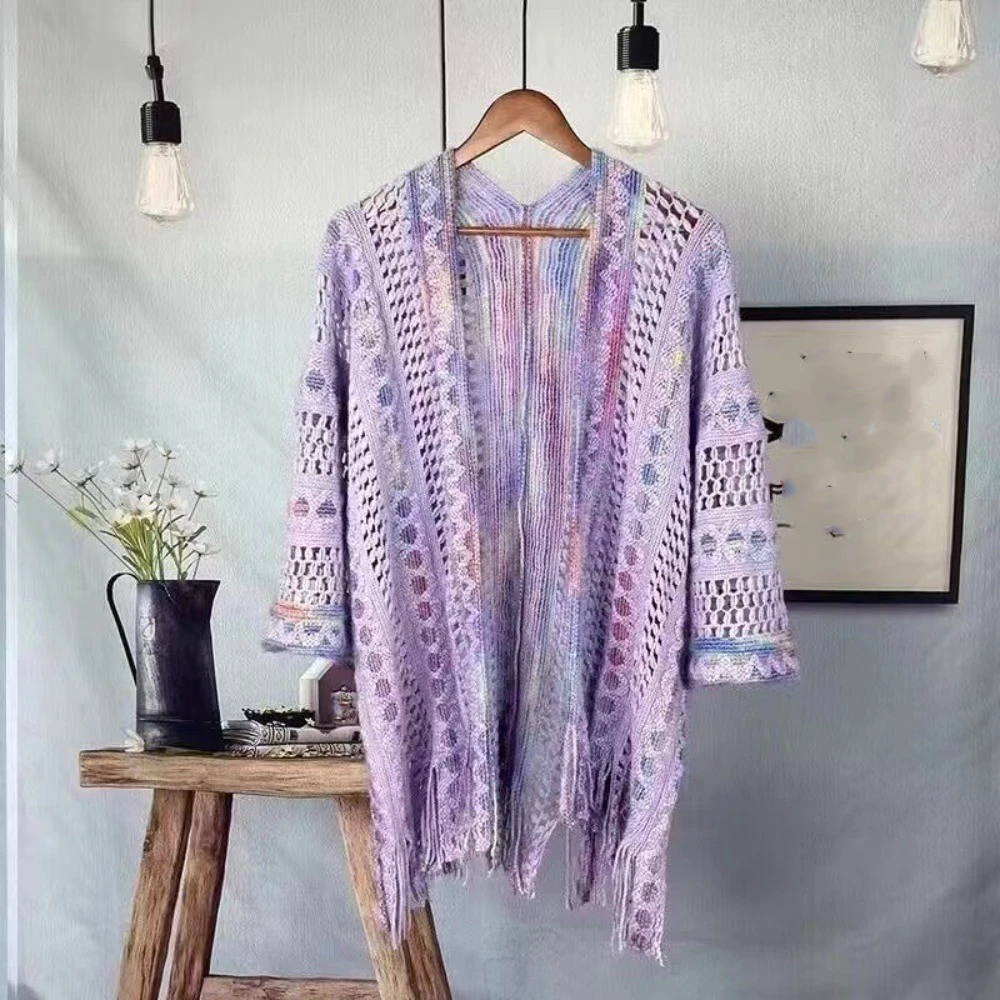 

Colorful Ethnic Style Shawl Tassel Wave Stripe Knitted Shawl for Women Ins Patchwork Crochet Hollow Cardigan Spring Autumn