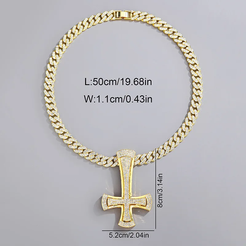 ULJ Hip Hop AAA Reinstones Inverted Cross Pendant Rock Nightclub Men\'s Fashion Iced Out Necklace Jewelry