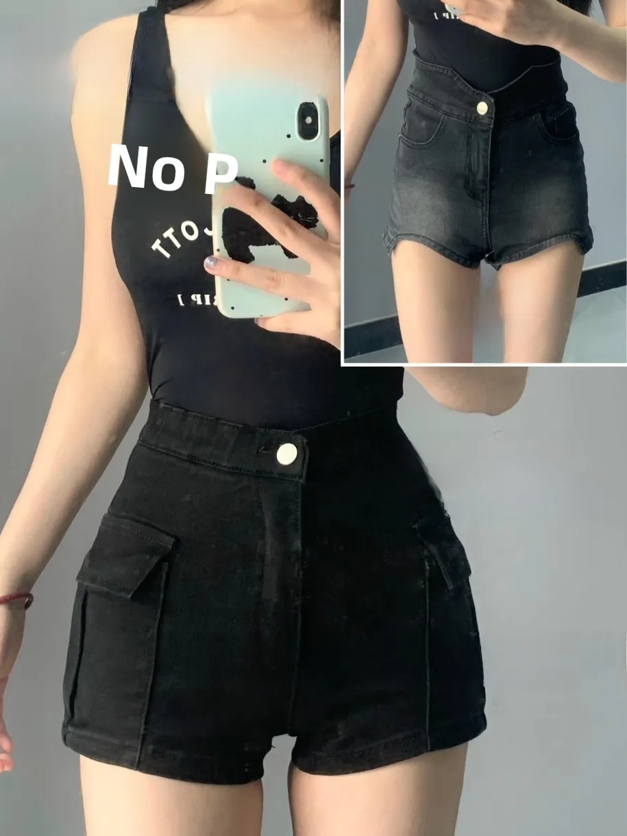 

High Waist Slimming orts High Elastici Workwear Pants Summer New Sle Cotton Stretch Denim Blue Color Versatile Leg Leng...