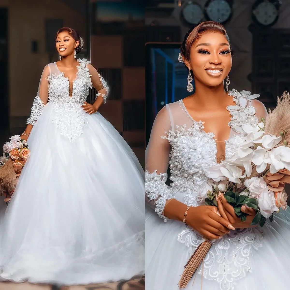 تخصيص الخامس الرقبة اليدوى اللؤلؤ الثقيل يزين فستان الزفاف Vestidos Noivas Ballgown 3/4 كم طويل فستان زفاف #1