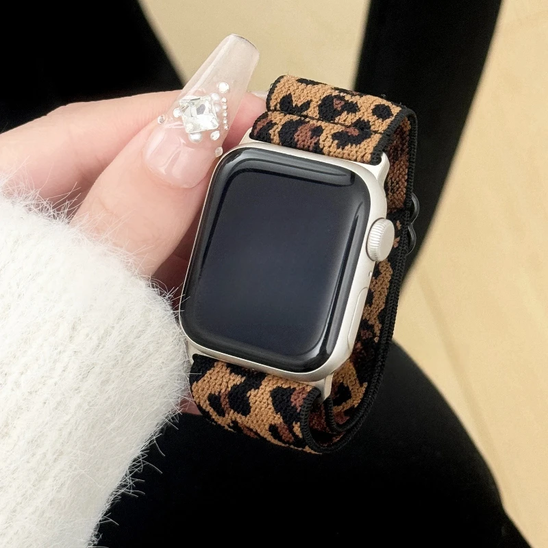 Leopard Nylon Strap for Apple Watch Band Ultra 49mm 46 45 44 42 41 40 38mm Elastic Bracelet iWatch Series 12 11 10 9 8 7 6 5 4 3