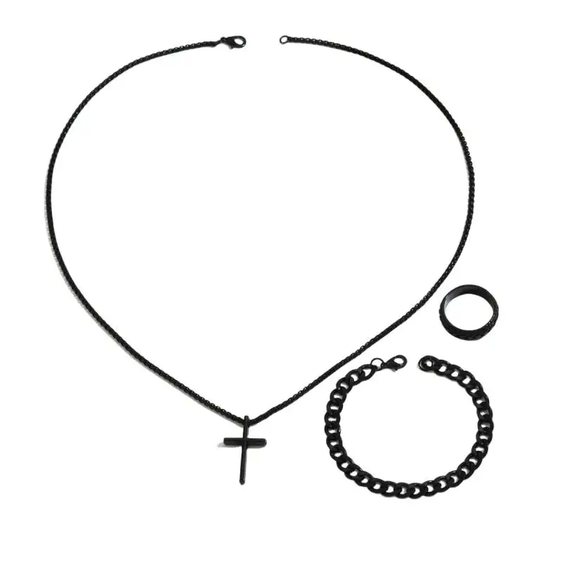 3 قطعة مجموعة الرجال الفولاذ المقاوم للصدأ المعادن الصليب سلسلة بدلاية قلادة سوار خاتم مجموعة الذكور الهيب هوب ارتداء اليومي الملحقات