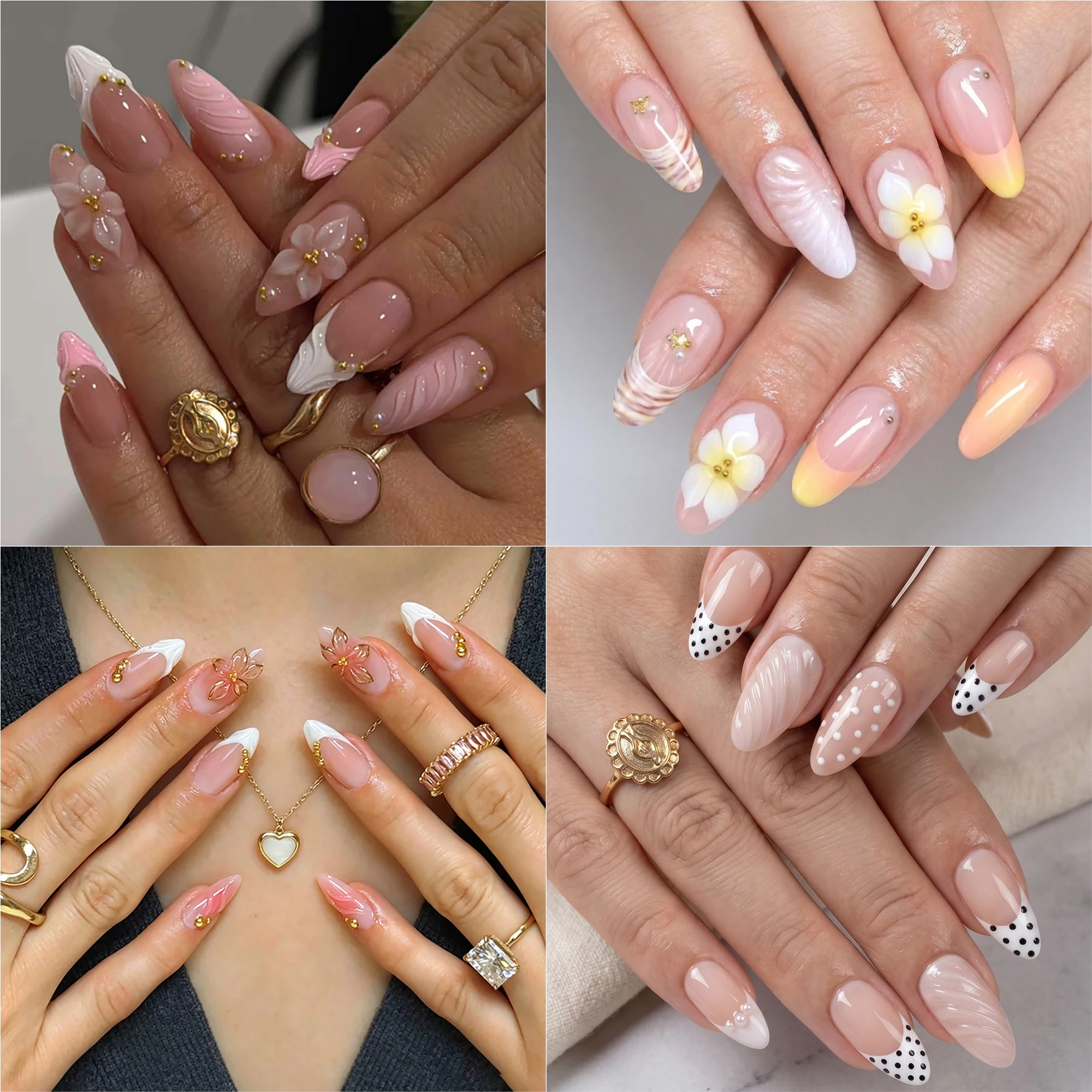 96pcs Almond Press On Nails,Nude Pink Fake Nails Plumeria Polka Dot French Wave Design,4 Jelly Glue+2 Nail Files,Reusable Daily