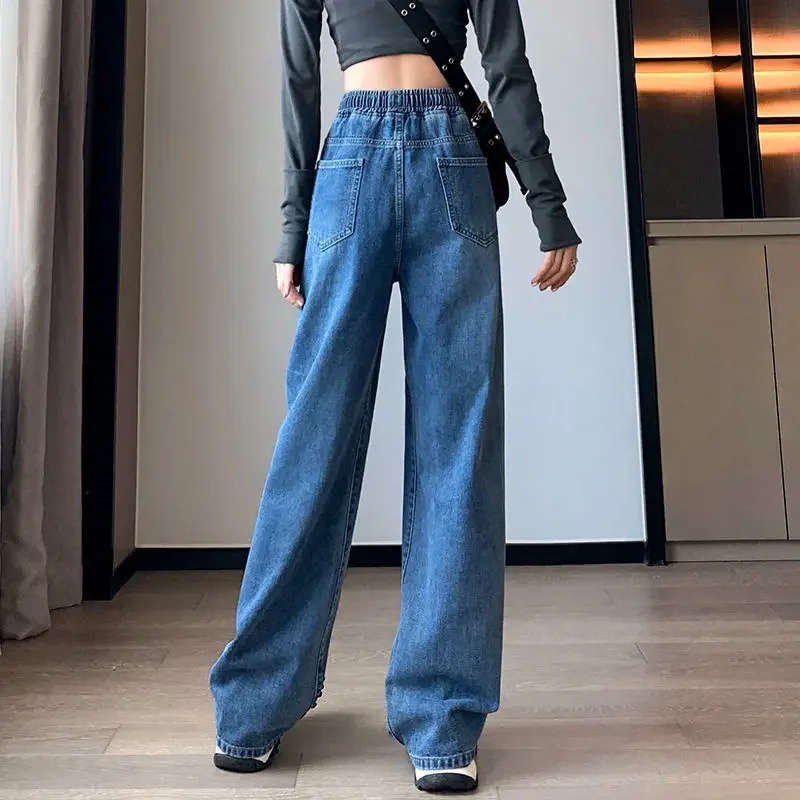 Women's Velvet Autumn Winter Straight Elastic Waist Jeans Korean Dongdaemun High Quality Clothing Pants Y2k Japanese Streetwear