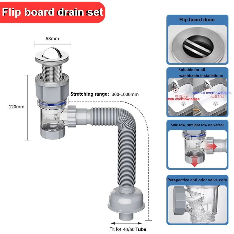 Φ40/50mm Hose Vegetable Basin Sink Drainer Flip Plate Anti Odor Valve Core for Balcony/Bathroom/Kitchen