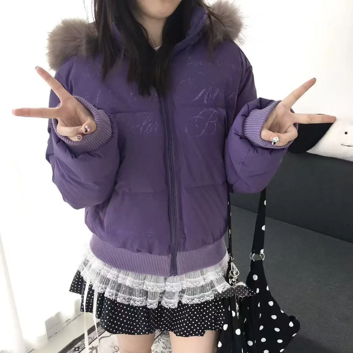 Women Faux Fur Hooded Short Cotton Jacket Embossed Letter Print Rib Cuff Winter Padded Coat Loose Warm Outerwear