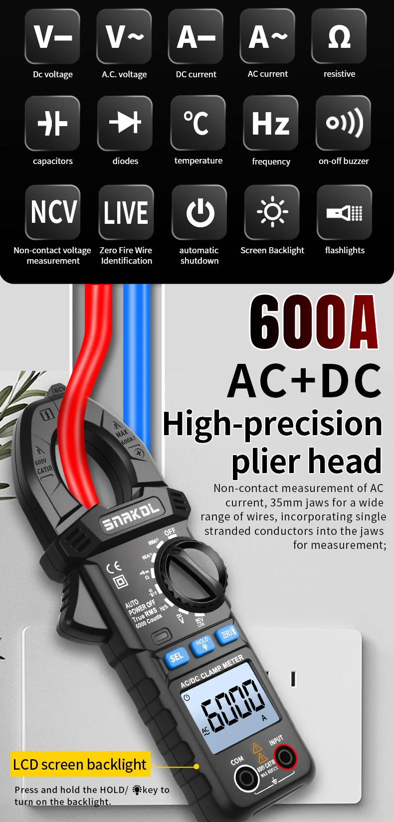 SNAKOL AC DC Stromzangenmessgerät 600 A Digitales Amperemeter Zangen True RMS Multimeter Professionelles elektrisches Multitester-Werkzeug – Detail 3