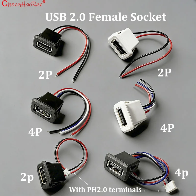 2PCS 2.0 USB Female Socket A-type With Wire Female Head Charging Port Waterproof Socket 2.0 Direct Voltage Modified Power Socket