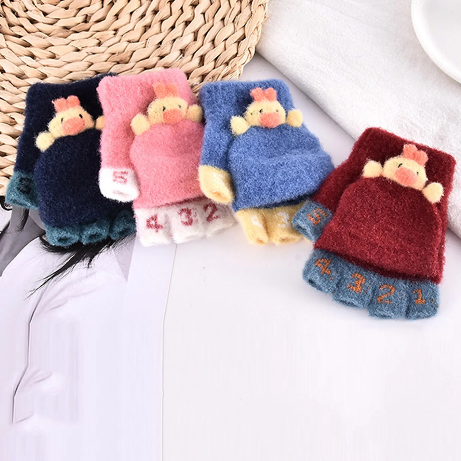 

Children Cute Print Gloves Winter Boy Thickened Half Finger Mittens Girl Kid Knitted Mitten Winter New Cartoon Warm Flip Gloves