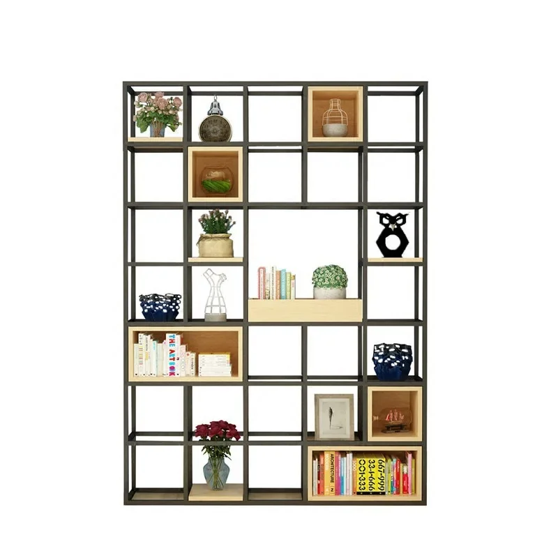 Nordic living room solid wood screen display rack, Jiugongge wrought iron storage rack, office floor partition rack