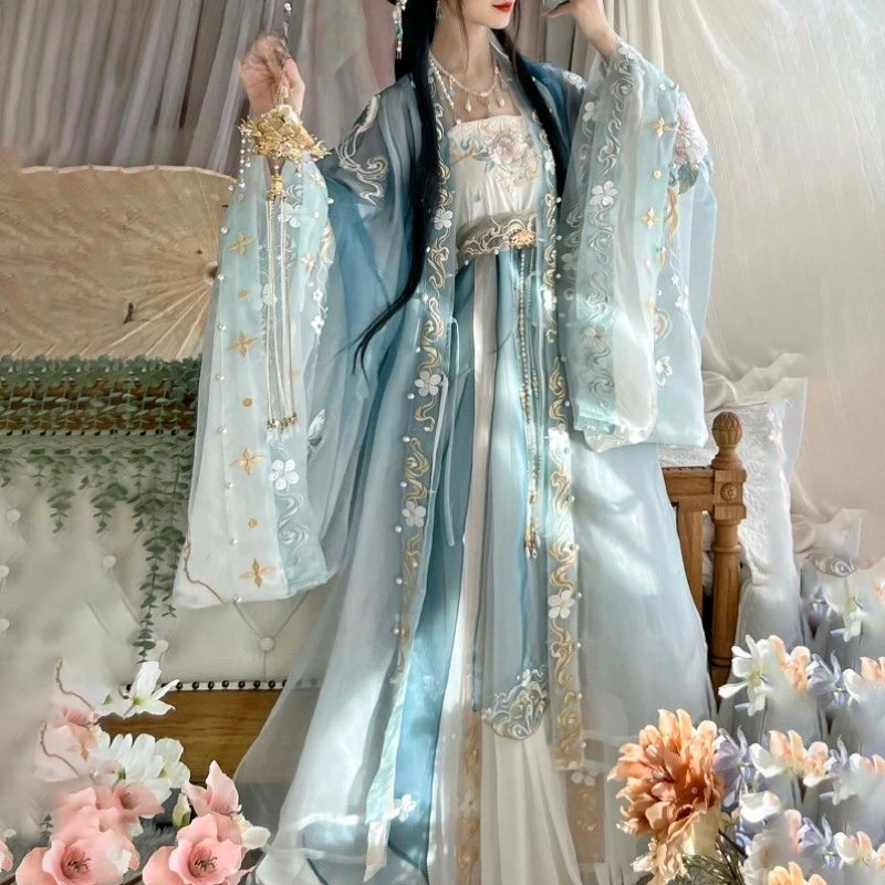 

Женское платье Hanfu с градиентной синей вышивкой, традиционный китайский винтажный Женский карнавальный костюм для косплея