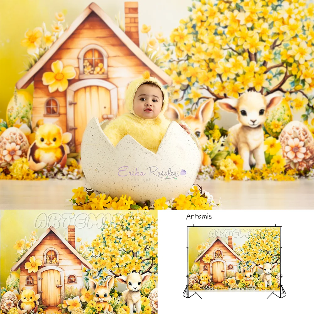 Baby Shower Background Birthday Decoration Yellow Flowers Cute House Pastoral Scenery Rabbit Lamb Portrait Backdrop Photography