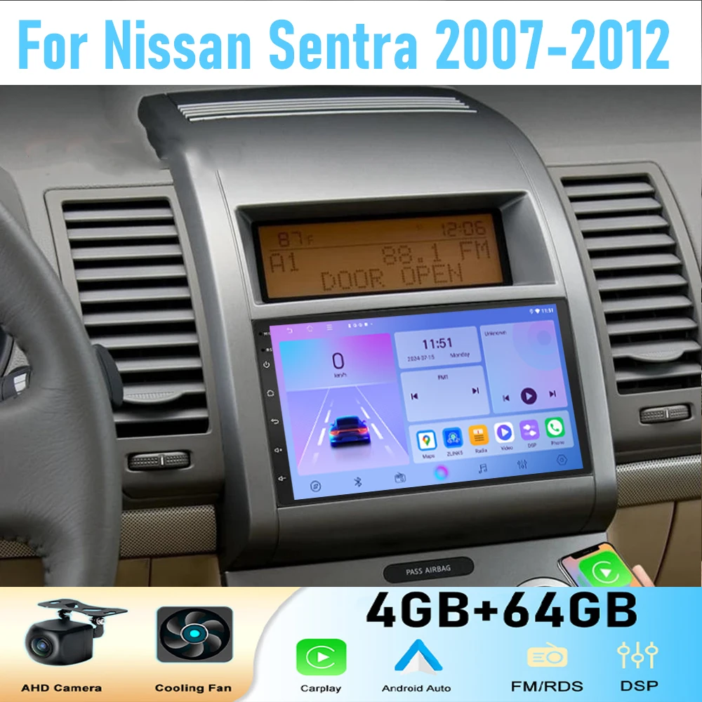 7'' For Nissan Sentra 2007-2012  Car Radio Wireless Apple Carplay  Android 15 Multimedia Player Stereo GPS Navi WIFI 4-64GB BT