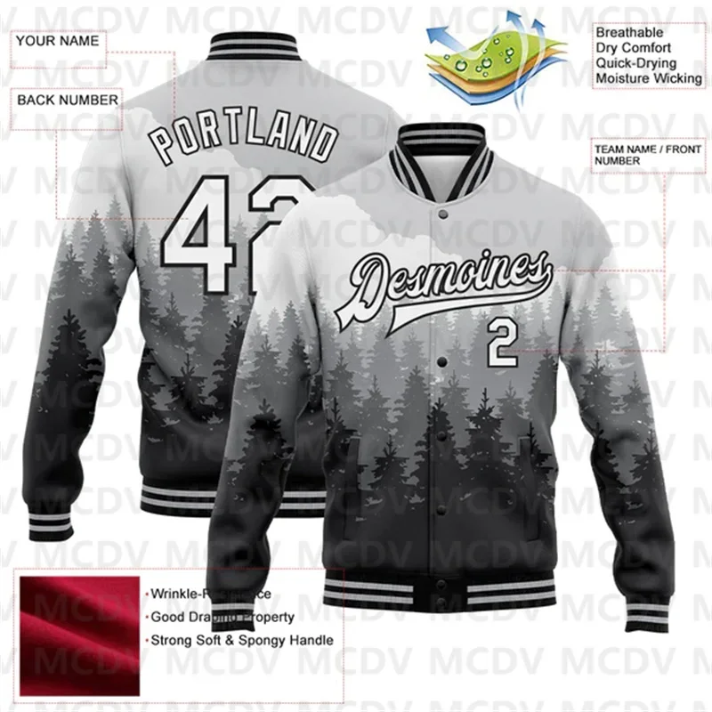 Custom Gray White-Black Watercolor Forest With Fog 3D Pattern Design Bomber Full-Snap Varsity Letterman Jacket