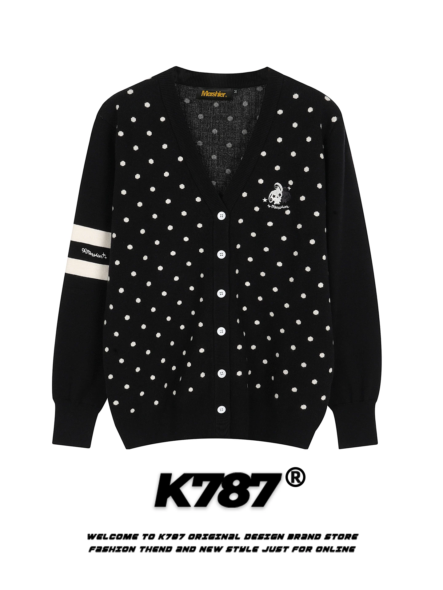 

Американский винтажный вязаный кардиган в горошек свободного кроя для мужчин, повседневный свитер-жакет для молодежи, осенняя коллекция