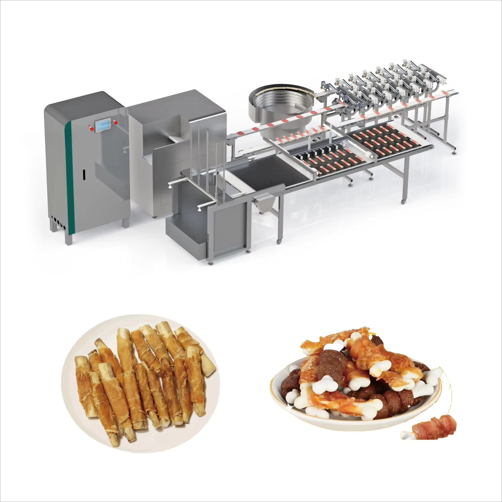 معدات تجهيز أغذية الحيوانات الأليفة لخط إنتاج أغذية القطط الأوتوماتيكي بالكامل خط تغليف شرائح اللحوم على شكل عظمة الكالسيوم التلقائي