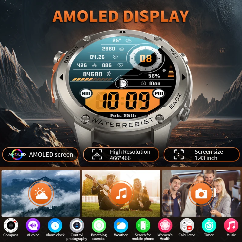 นาฬิกาอัจฉริยะ LIGE รุ่นใหม่ กันน้ำ 5ATM พร้อม GPS หน้าจอ AMOLED HD พร้อมเข็มทิศ วัดอัตราการเต้นของหัวใจ สำหรับกีฬากลางแจ้ง ปี 2025  ติดตามการออกกำลังกาย สำหรับผู้ชาย
