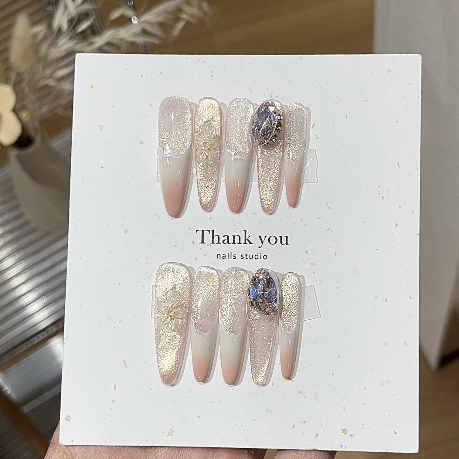 

10PCS Pink Gradient French Handmade False Nails Tips Simple Golden Cat Eye with Rhinestones Press on Nails Full Cover Wearable