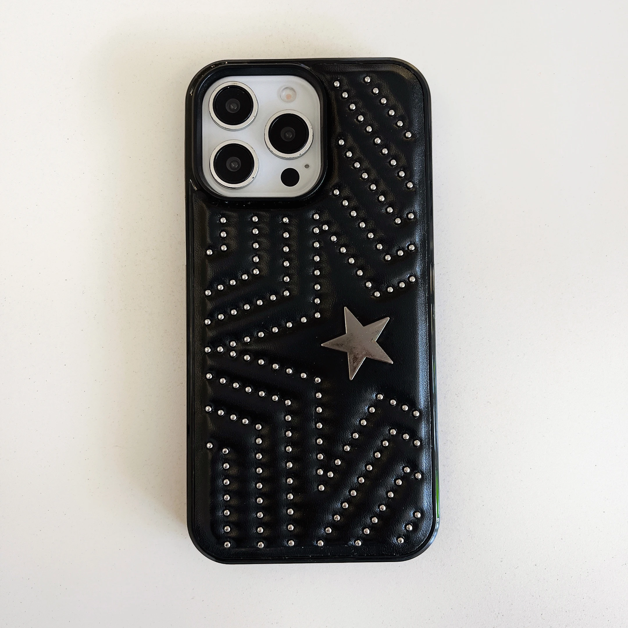 

Korean INS Cool Punk Black PU Leather Silver Rivets & Star Phone Case for iPhone 16 15 14 13 Pro Max Back Phone Cover Capa