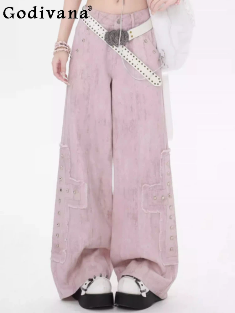 

Spring Summer New Pink Denim American Loose High Waist Straight Wide-leg Pants Fashion Personalized Rivets Sweet Girl Trousers