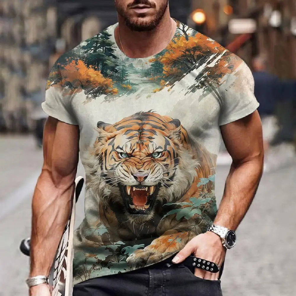 Animal T-Shirts For Men Tiger 3d Print Short Sleeve Tee Fashion Streetwear Summer Crew Neck Pullover Casual Oversized Clothing