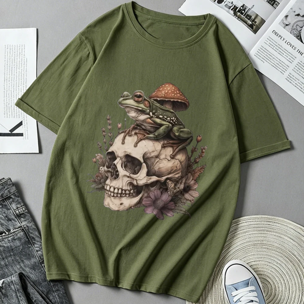 Ivy Frog Skull Mushroom Floral T Shirt Men Women Vintage Cottagecore Graphic Tee Casual Short Sleeve Tops Gothic Nature Wild Tee