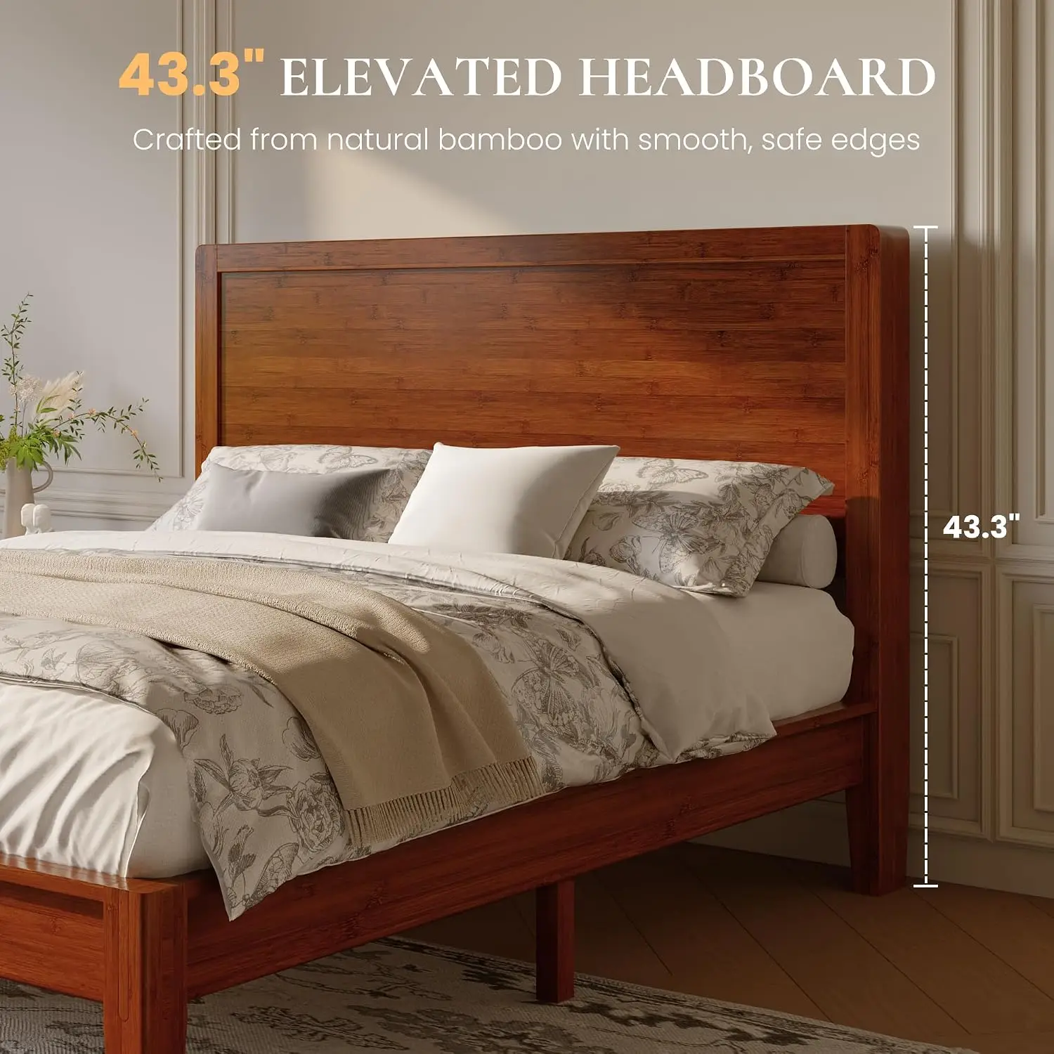Queen Size Bamboo Bed Frame with Tall Headboard, Japanese Joinery Platform Bed, Sturdy Wood Slat Support, 7.9", Customized - view 2