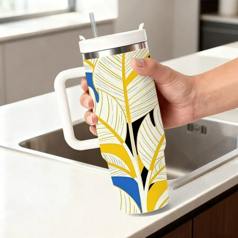 Vibrant Stylized Botanical Print 40Oz Stainless Steel Insulated Tumbler, Digital Printed Bold Graphic Mug with White Yellow-Outlined Leaves Against Pink Blue Black Background, Reusable Drink Cup for Home Office Outdoor Daily Use