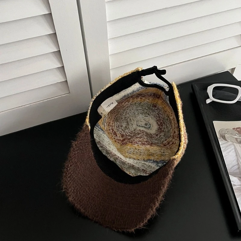 Japanische, farblich abgesetzte, gestreifte, gestrickte Plüsch-Baseballkappe für Herbst und Winter, warm, vielseitig, personalisierbar, für Damen und Herren – Detail 6