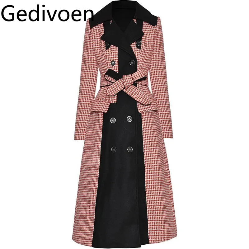 Gedivoen Women's Elegant Commuter Coat Autumn and Winter Notched Lace-Up Color Block Patchwork Double-breasted Overcoat