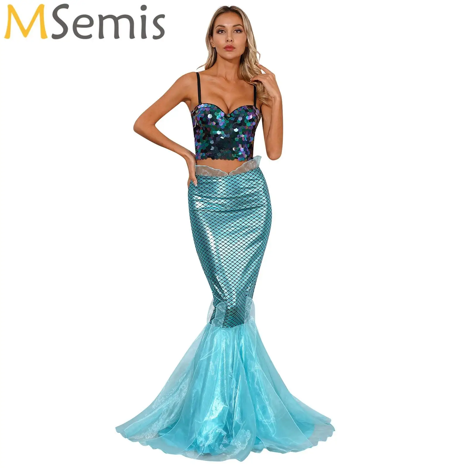 

Women Halloween Mermaid Cosplay Costumes Sequin Bustier Corset Crop Top with Fish Scale Printed Fishtail Skirt for Theme Party