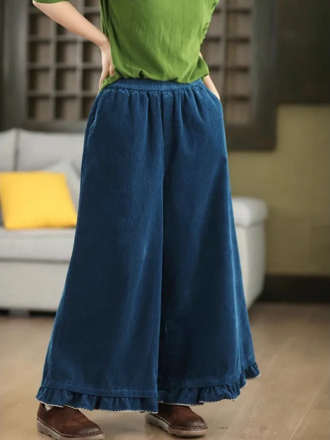 

Vintage Large Size Women's Loose Elastic Waist Corduroy Wide Leg Pants Pure Color Earlet Lace Trim Casual Trousers Autumn