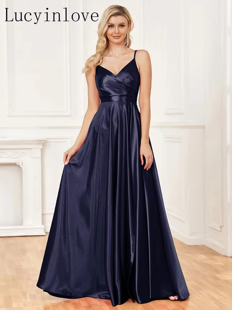 Lucyinlove Luxury V-Neck Satin Sleeveless Blue Formal Evening Dresses Women Elegant Sexy Slit Wedding Party Cocktail Gowns
