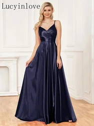 Lucyinlove Luxury V-Neck Satin Sleeveless Blue Formal Evening Dresses Women Elegant Sexy Slit Wedding Party Cocktail Gowns