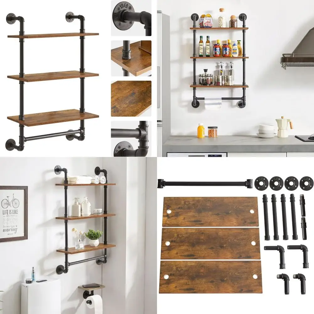 

3-Tier Rustic Iron Pipe Wall Mount Shel with Towel Bar, 40.5, for Bedroom, Kitchen, Living Room, Bathroom