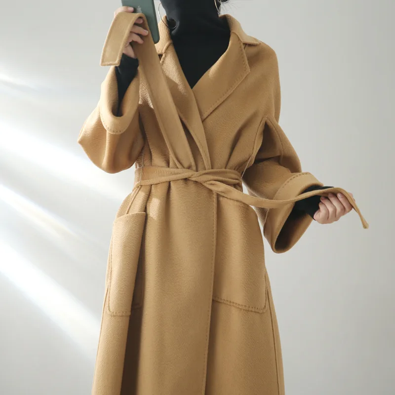 High-end Women Fashion Water Ripples Woolen Overcoat Long Length Loose Fit Wrinkle-free Beautiful Lace-up Wool Coat Outerwear