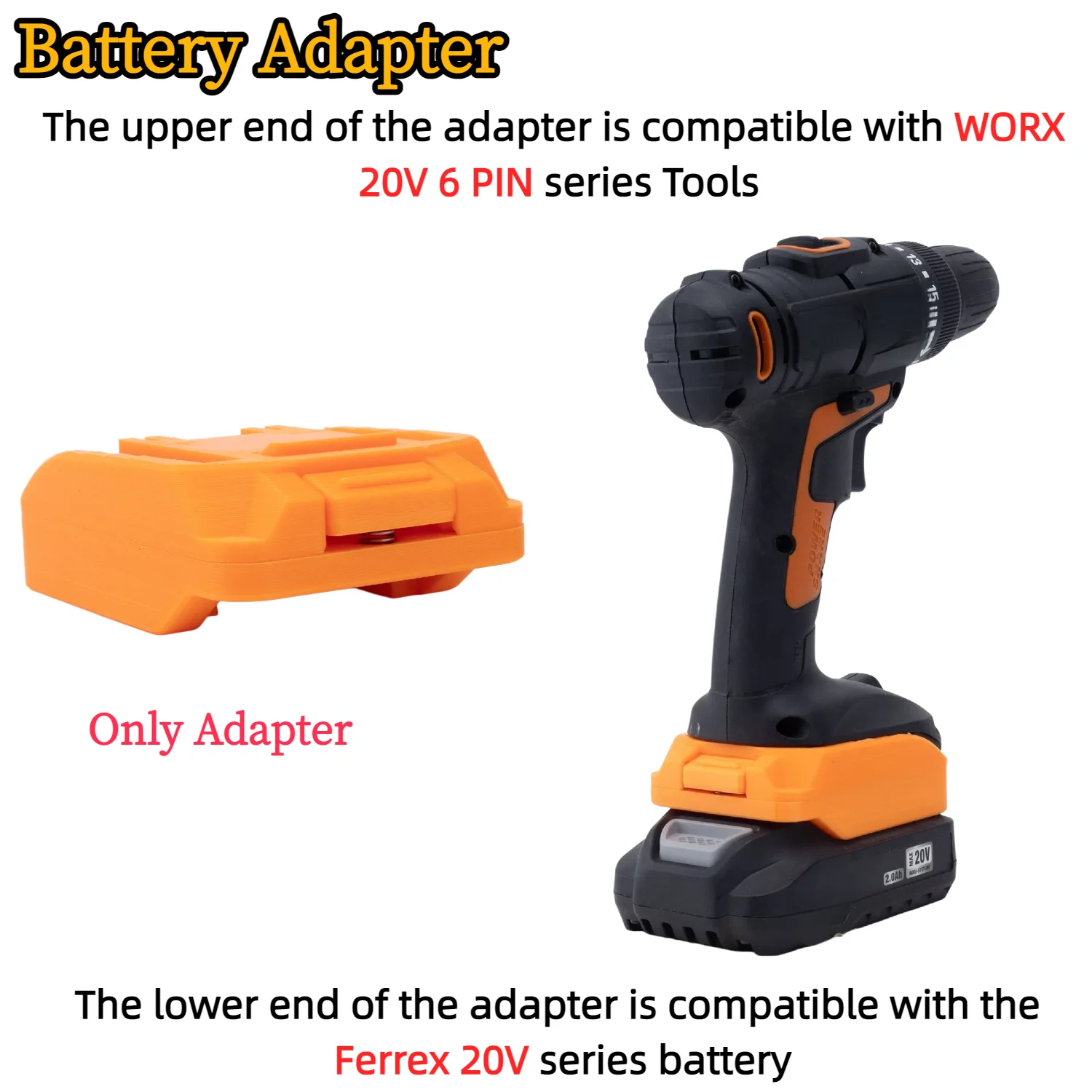 

Battery Adapter/Converter for Aldi Ferrex 20V Active Energy Li-ion Battery TO WORX 20V 6 PIN Cordless Tools(Only Adapter)