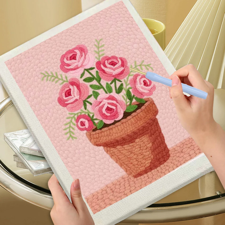 

CHENISTORY Diy Needle Punch Kit Picture Embroidery Kit Pink Flowers Needle Punch Kit For Beginners Art Supplies Craft Home Decor
