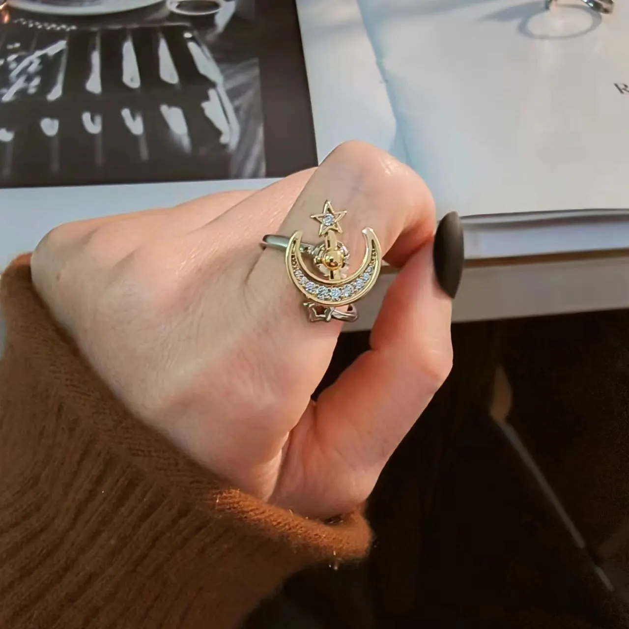 Star Moon Spinning Adjustable Ring Anti Anxiety Stress Relief Fashion Finger Jewellery