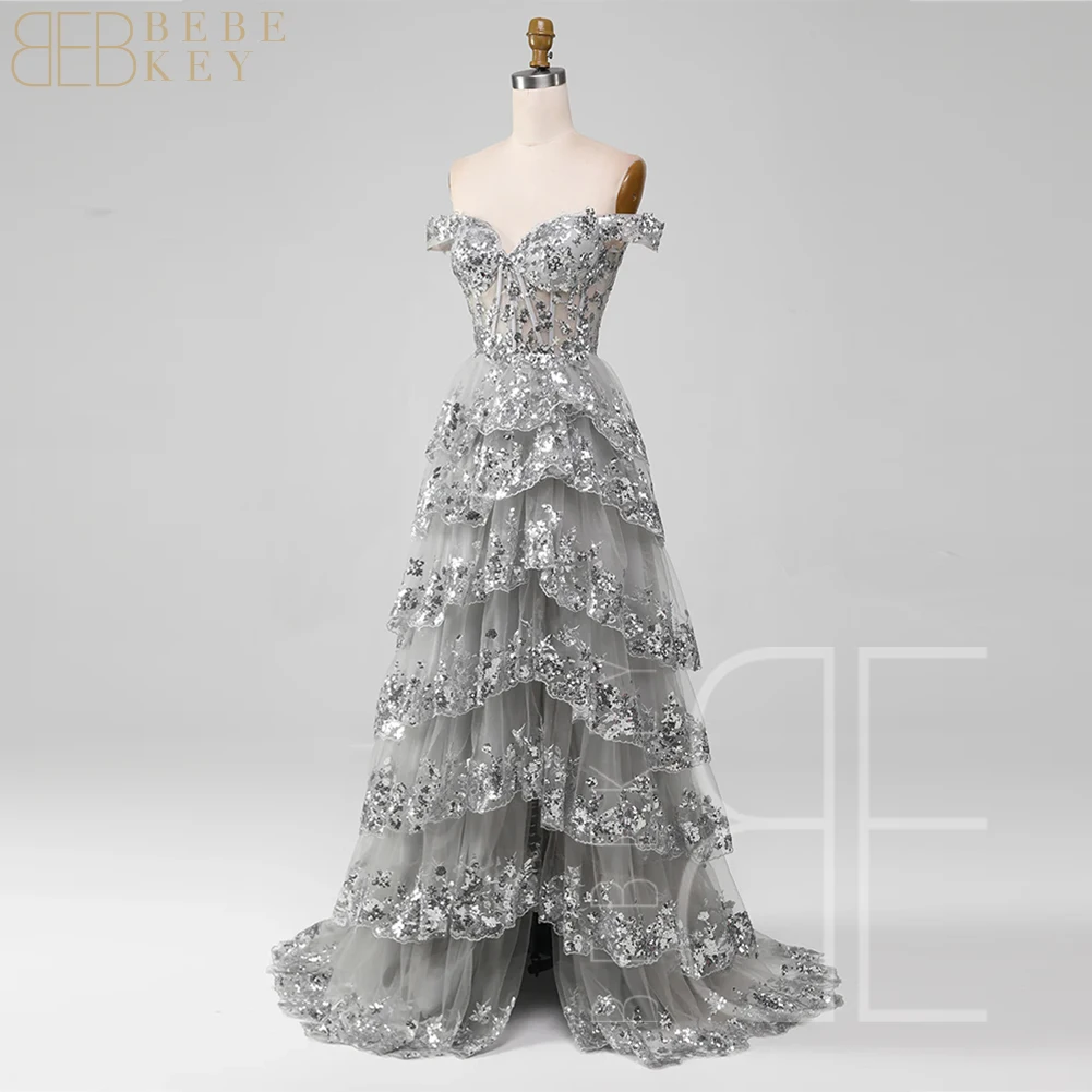 

Grey Silver Sparkly Off the Shoulder Prom Dress with Slit Tiered Princess A Line Bespoke Occasion Dress Evening Party Gown