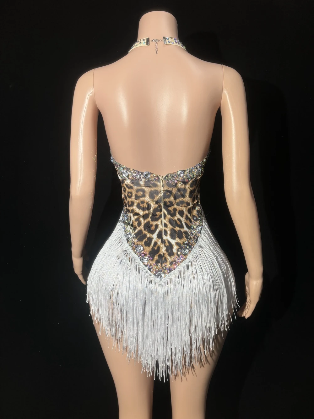 Sparkly Rhinestones Tassel Leopard Print Bodysuit Sexy Backless Performance Dance Costume Singer Dancer Stage Wear Club Outfit