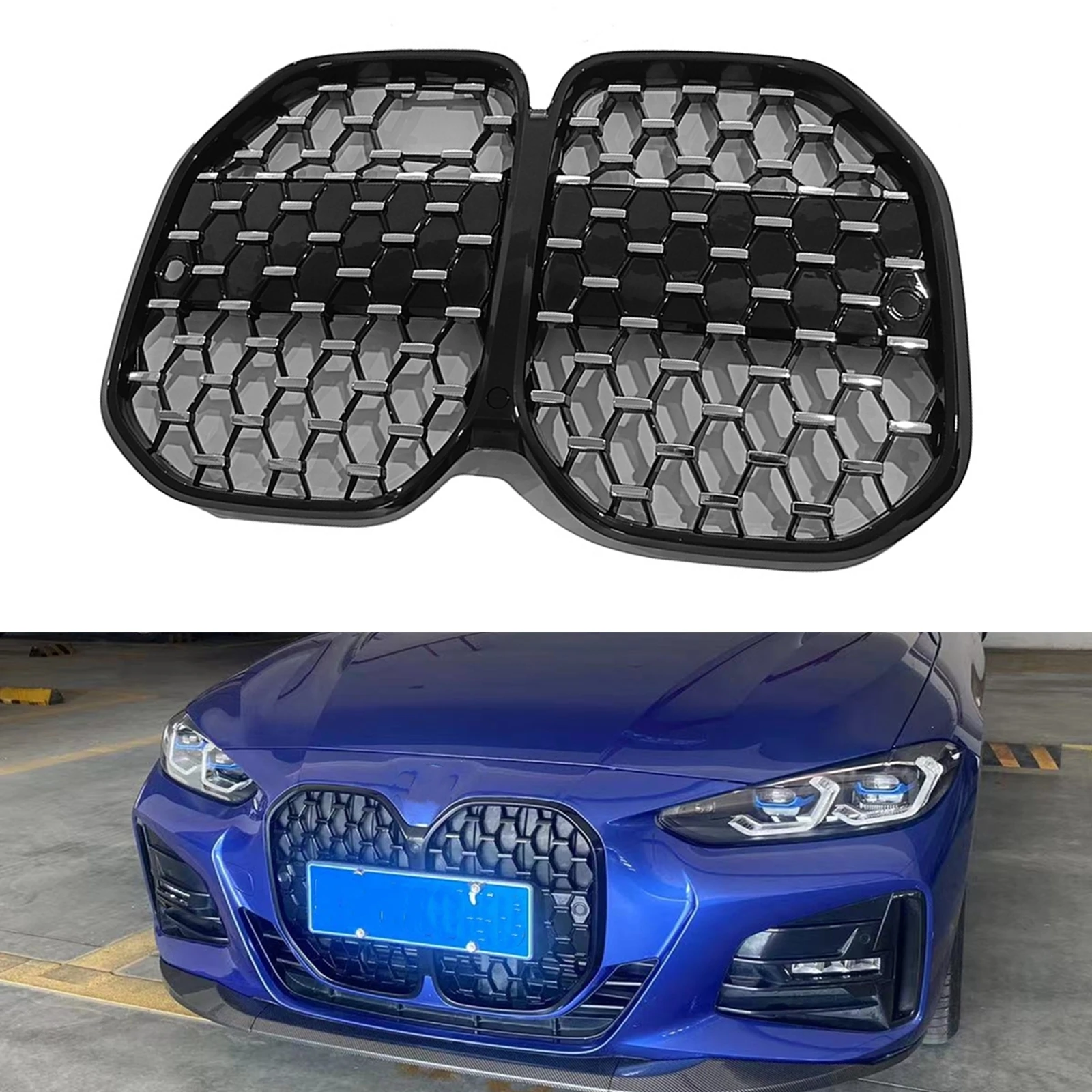 

Front Grille Grill For BMW 4 Series G22 G23 2021-2024 2 Door Silver Car Upper Bumper Hood Mesh Cover Grid